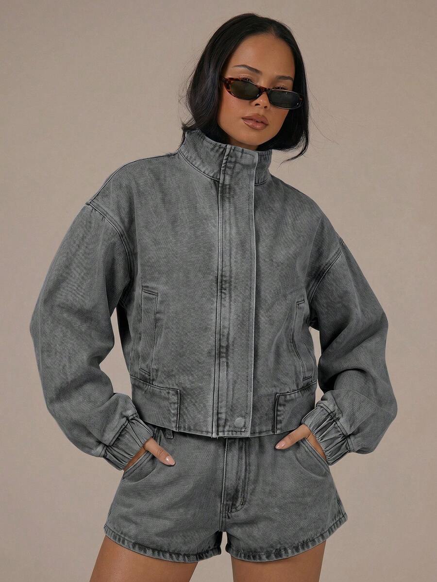 MUSERA Denim High Neck Balloon Sleeve Zip Through Jacket Spring Summer Cute Cosy Cottage Core Spring Dew - Grey - View 1