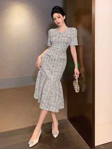 DAZY 格子圆领鱼尾中长连衣裙 舞会礼服 优雅、荷叶边、返校服 - 黑色 - 查看 3