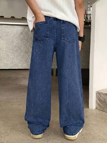 SHEIN Jeans de mezclilla con botones y bolsillos versátiles para niños y preadolescentes - Azul lavado oscuro - Ver 2