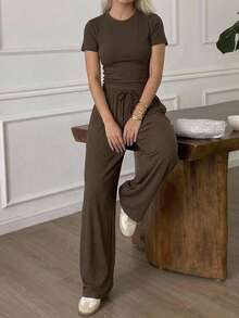 DAZY 2pcs Women Solid Color Short Sleeve T-Shirt And Long Pants Set Lounge Sets For Women Short Sets For Women - Chocolate Brown - View 9