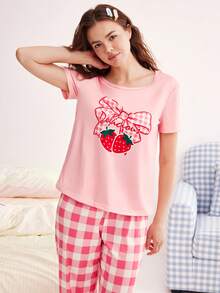 Eraneu Women's Strawberry Bow Print Short Sleeve & Plaid Long Pants Pajama Set - Pink - View 1