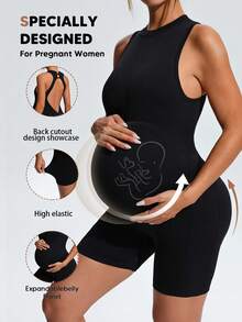 SHEIN Maternity Solid Color Casual Daily Wear Sports Romper - Black - View 6