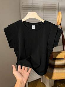 SHEIN Tween女孩 春夏休閒白色圓領分層寬肩無袖T恤，適合日常休閒穿著，白色上衣 - 黑色 - 查看 7
