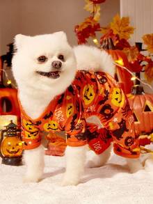 1pc Pet Cat Dog Universal Halloween Cartoon Pattern Pumpkin Cat Print Cute Knitted Elastic Comfortable Dog Jumpsuit Pajamas, PETSIN Original Design - Multicolor - View 4