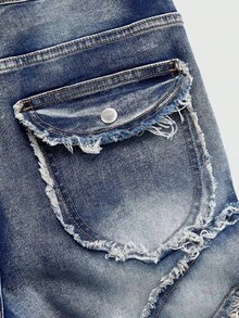 ROMWE MEN Street Life Men's Fashion Versatile Button Pocket Frayed Hem Streetwear Denim Jeans - Blue - View 5