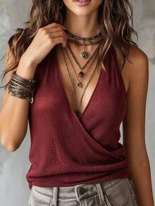 EMERY ROSE Top de punto halter de color liso casual y versátil para uso diario para mujer - Burdeos - Ver 3