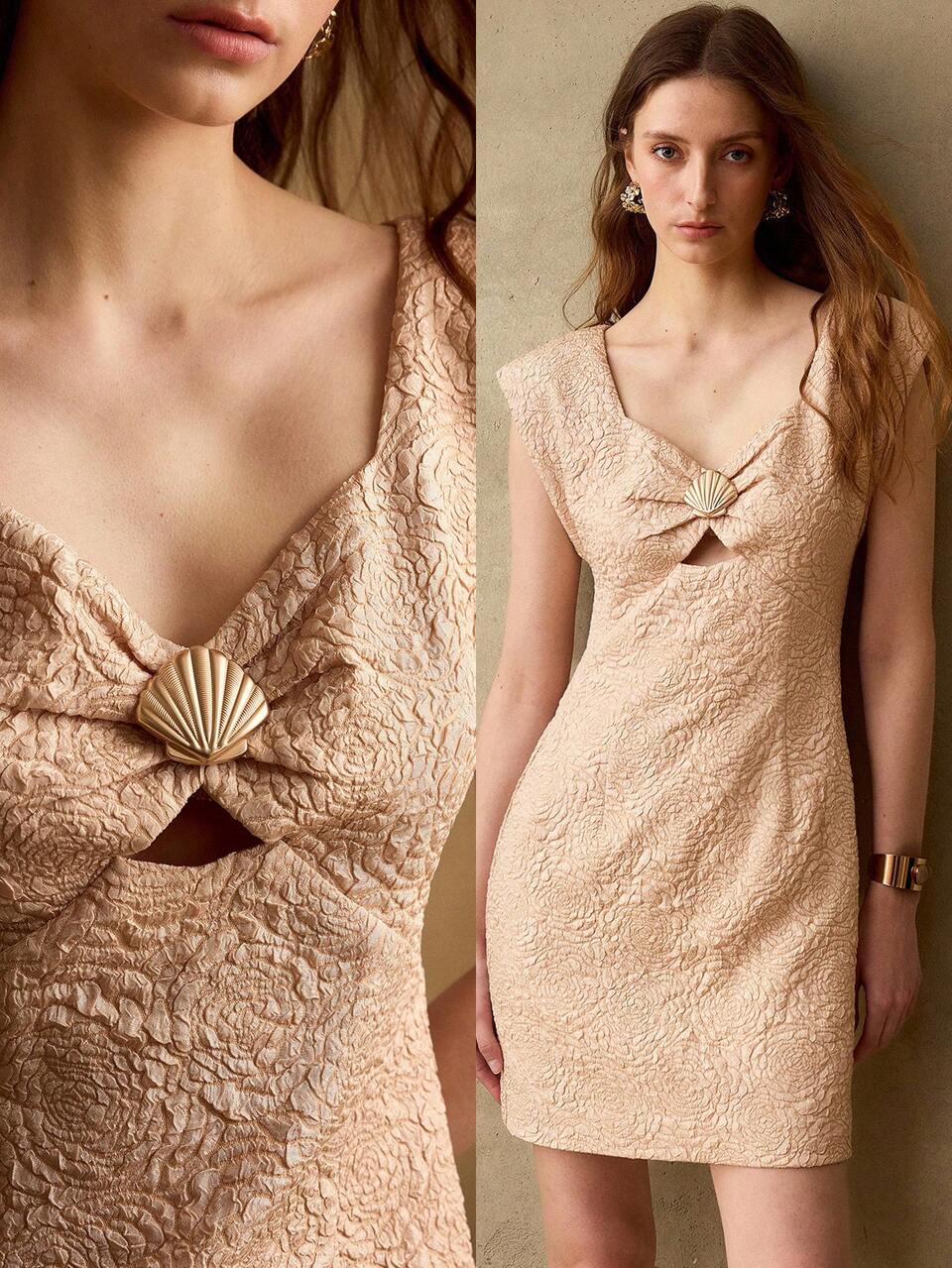 MOTF JACQUARD FABRIC DRESS WITH METAL DECOR BUTTON, ELEGANT ROMANTIC BAR PARTY DINNER APRICOT SUMMER