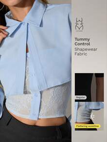 Nuvra Camisa de cuello polo con parche de encaje 2 en 1, ajuste slim, primavera/otoño - Celeste - Ver 8