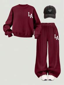 SHEIN 青少年女孩休閒「LA」字母印花針織素色寬鬆落肩長袖衛衣與百褶寬腿運動褲套裝，女孩秋季服飾，女孩秋季穿搭，女孩冬季服飾 - 酒紅色 - 查看 8