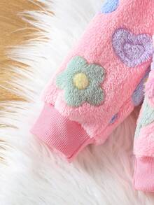 SHEIN Vintaside Kids 嬰兒毛絨套裝，加厚珊瑚絨服裝附包包，可愛花卉連帽套裝，適合秋冬家庭搭配里程碑，粉色可愛端莊 - 粉色 - 查看 9