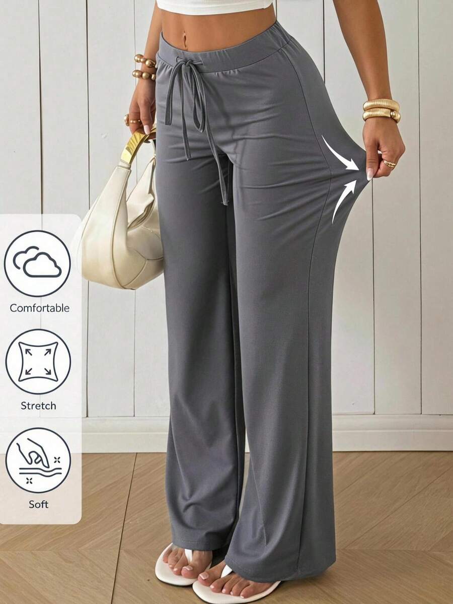 SHEIN EZwear 女款純色抽繩腰休閒百搭日常穿著長褲居家灰色秋季
