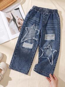 SHEIN Playful Pals 女童牛仔褲，四季新款，時尚設計，深色復古牛仔水洗，彈性腰帶，休閒 - 深色水洗藍 - 查看 3