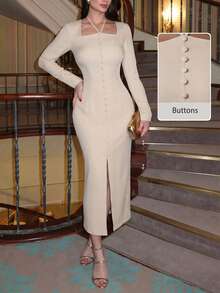 Modelyn 女款優雅通勤長袖鈕扣收腰墊肩拉鍊開衩中長洋裝 - 卡其色 - 查看 5
