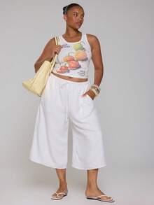 MUSERA Plus Size White Linen Wide Leg Culottes Spring Summer Casual Everyday Day Outfit Going Out - White - View 1