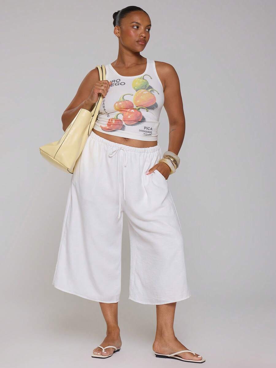 MUSERA Plus Size White Linen Wide Leg Culottes Spring Summer Casual Everyday Day Outfit Going Out - White - View 1