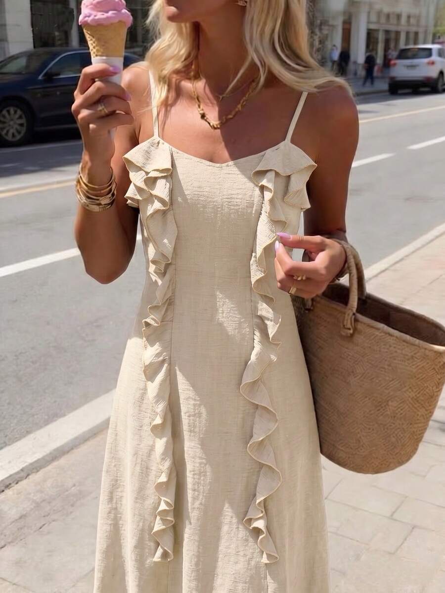 SHEIN PariChic 女款小眾設計中長款細肩帶洋裝,荷葉邊飾,修身寬鬆A字版型,法式休閒熱帶浪漫度假早午餐米色夏季 - 杏色 - 查看 1