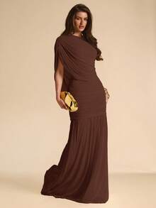 SHEIN BAE Autumn Solid Dark Brown Asymmetrical Shoulder Women's Elegant Fitted Bodycon Mesh Extra Long Fishtail Dress, Flowy Dress, Vacation, Beach Formal Party - Coffee Brown - View 3