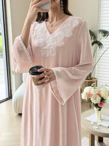 Yasmyna Lightweight Chiffon Wide Cuff Elegant Decorated Women's Arabian Dress - Pink - View 2
