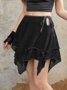 ROMWE Fairycore Contrast Binding Knot Side Asymmetrical Hem Skirt - Black - View 4