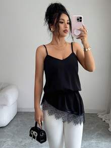 SHEIN Damen-Camisole Einfarbig mit kontrastierender Spitze und asymmetrischem Saum - Schwarz - Übersicht 6