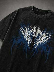 Manfinity EMRG Washed Plus Size Men's Wing Print Short Sleeve Casual T-Shirt - Black - View 3
