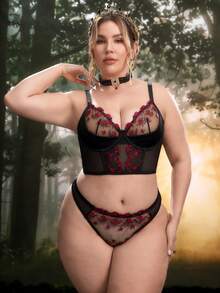 PinupPomp 2pcs/Set Plus Size Women's Mesh Embroidered Floral Lingerie Set - Multicolor - View 4