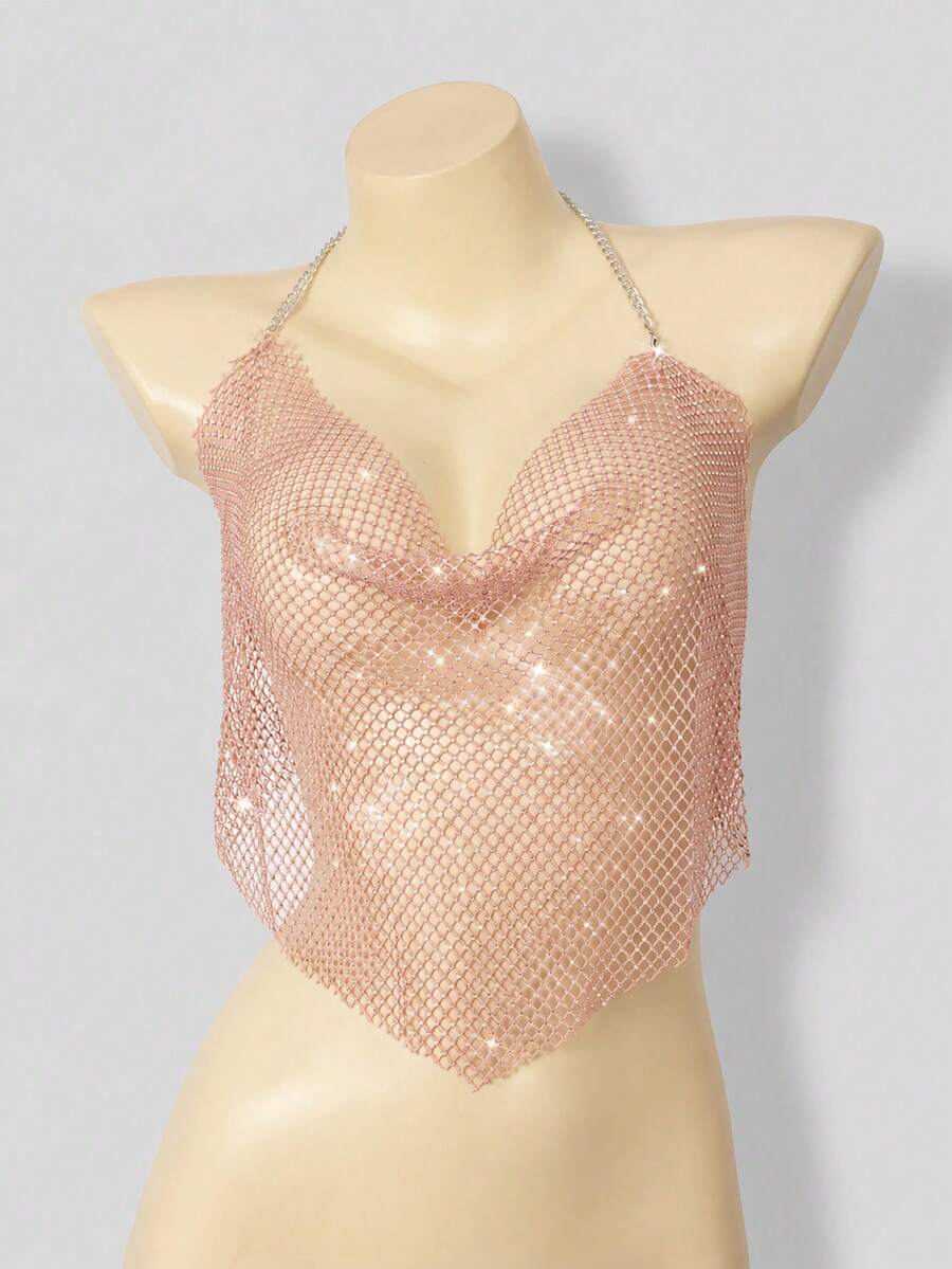 VaVaBold Rhinestone Studded Fishnet Overlay Cami Top For Holiday Party Clothes - Dusty Pink - View 1