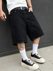 Manfinity Hypemode Spring/Summer Casual Mature Washed Deep Blue Loose Fit Double Knee Cargo Denim Shorts - Black - View 3