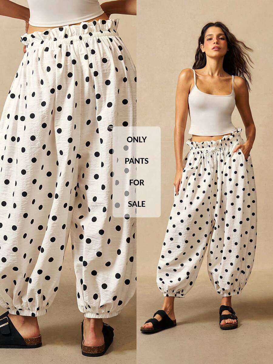 VARSIVA Pantalones de mujer con patrón de lunares, cintura con cordón y pierna entallada - Blanco y Negro - Ver 1