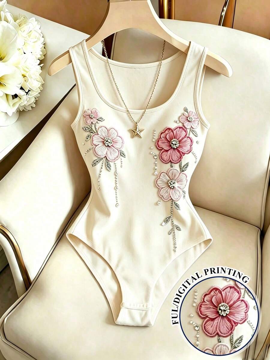 SHEIN Franclia 女款新款U領無袖花卉圖案杏色修身百搭休閒夏季連身衣 - 杏色 - 查看 1