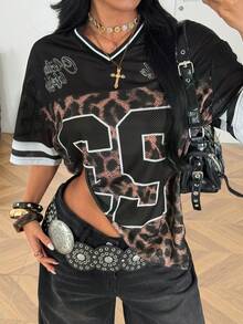 Coolane Women's Leopard Print Patchwork Digital Print T-Shirt - Black - View 2