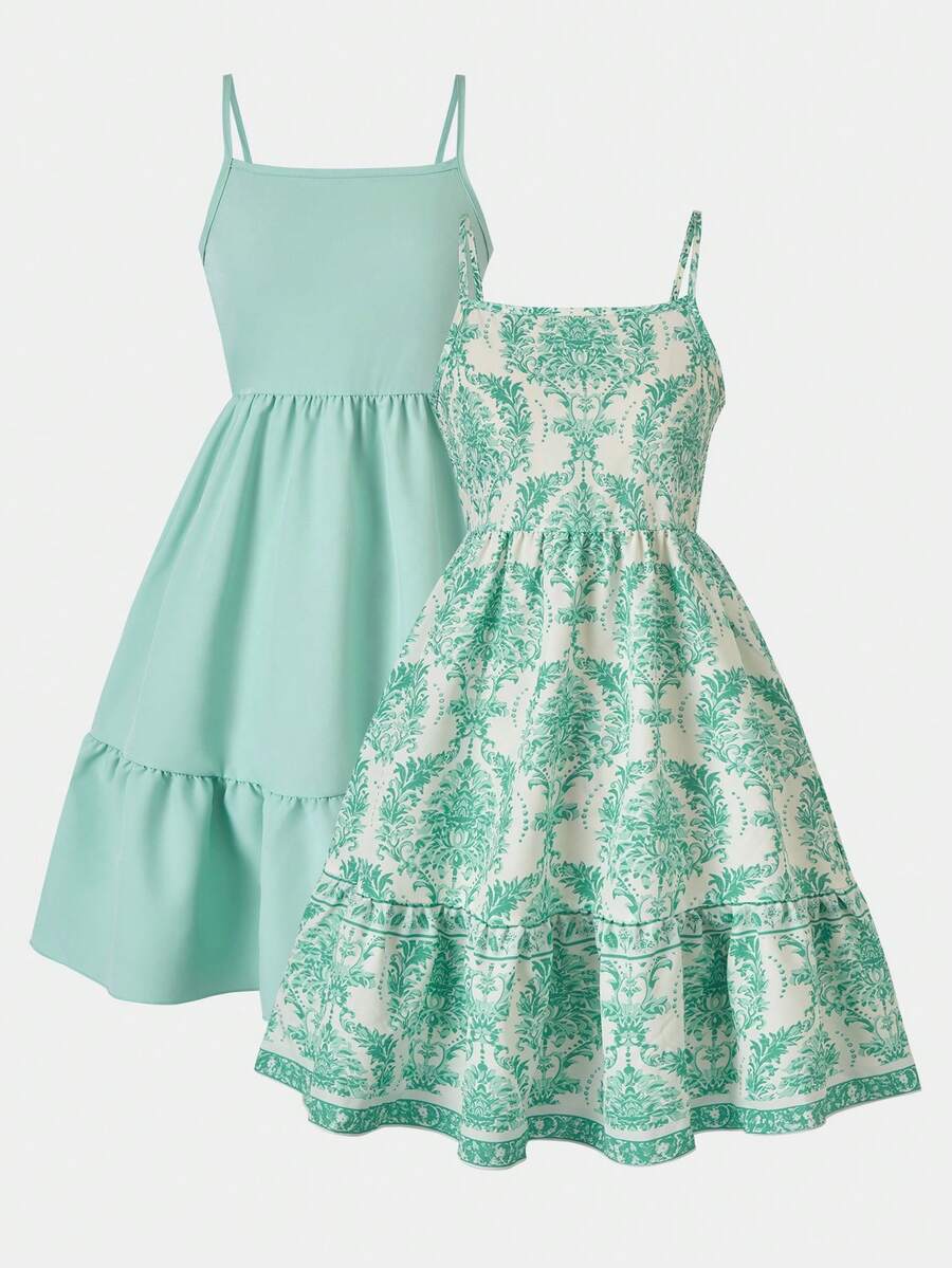 SHEIN Sparklyn Tween Girls 2-Piece Spaghetti Strap Dress Set, Spaghetti Strap + Square Neck / Straight Neckline, Fitted Waist With Loose Ruffled Hem, Layered Design, Simple Versatile Style For Daily Wear, Vibrant Green Color - Multicolor - View 1