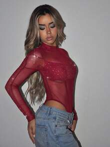 SHEIN ICON Áo liền thân lưới màu đen cổ cao, cắt cao - Màu Đỏ Sâu - Xem 4