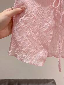 Comfortcana 女款鏤空刺繡前綁帶薄款外套 粉色 秋季 約會日常 可可愛優雅休閒 - 粉色 - 查看 4