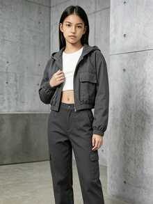 SHEIN 青少年女孩時尚前拉鍊長袖口袋夾克 - 綠色 - 查看 5