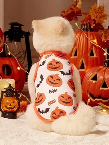 2pcs Pet Cat Dog Universal Halloween Orange Pumpkin Funny Expression Pattern Print Fashionable Breathable Comfortable Dog Vest, PETSIN Original Design - Multicolor - View 5