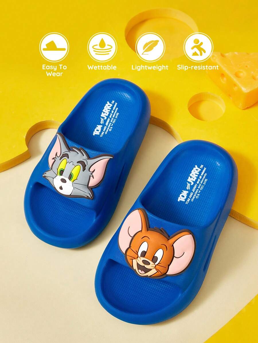 TOM & JERRY X SHEIN 可愛卡通圖案藍色兒童EVA拖鞋,適合幼兒與兒童,可用於室內、淋浴或戶外,輕盈舒適 - 霧霾藍 - 查看 1