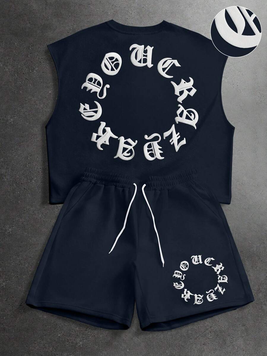 PAVTROS Conjunto casual de hombre con camiseta de tirantes de cuello redondo con letras en relieve y pantalones cortos, para vacaciones - Azul Marino - Ver 1