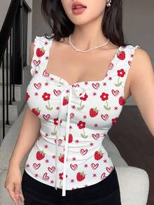 Modelyn 女款夏季蝴蝶結心形領荷葉邊修身綁腰細肩帶背心，性感可愛浪漫坦克背心，辣妹緊身短版上衣，白色花卉 - 白色 - 查看 4