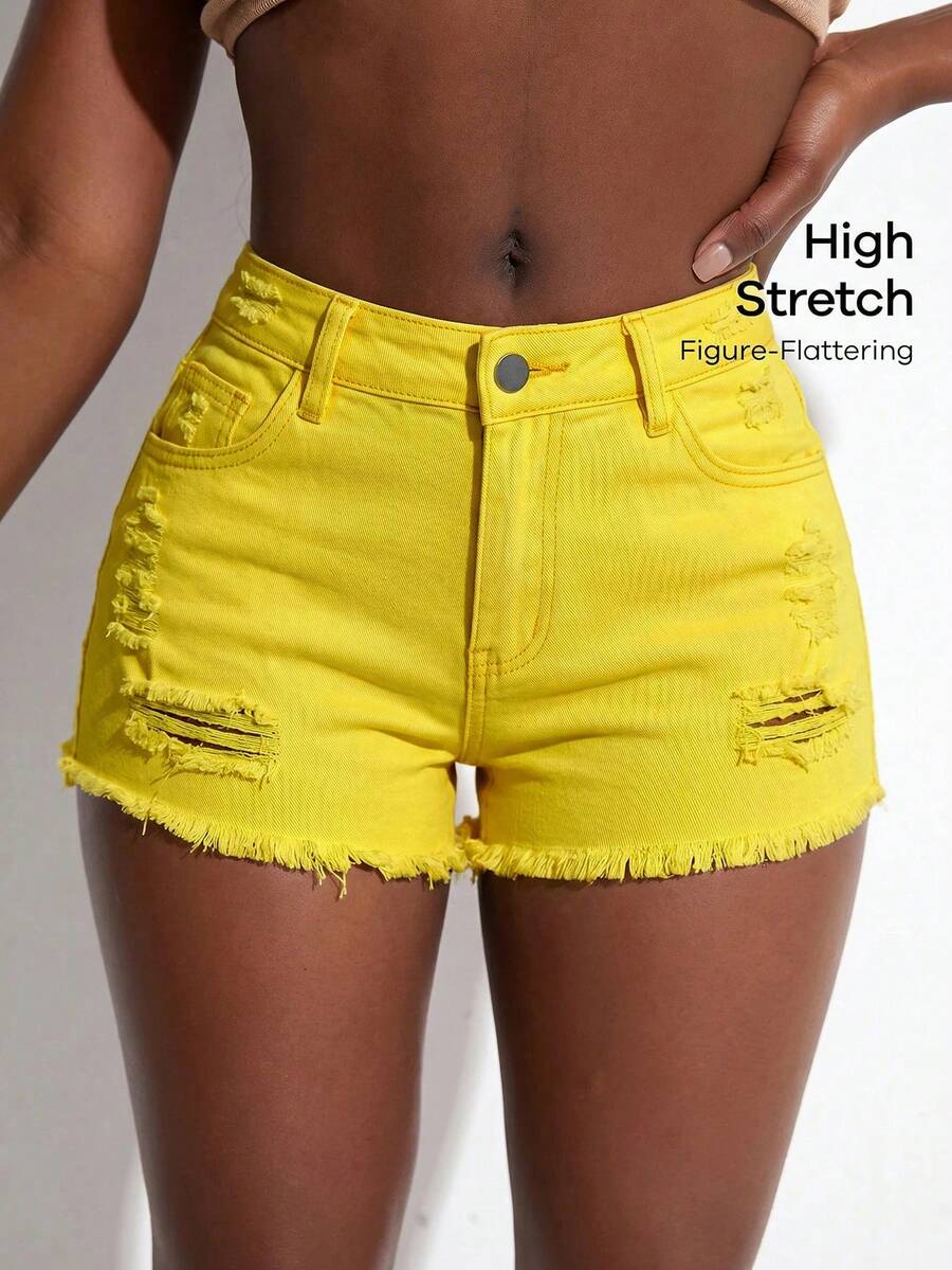 SHEIN SXY Celana Pendek Denim Wanita Warna Polos dengan Detail Sobek dan Berumbai untuk Musim Panas - Kuning - View 1