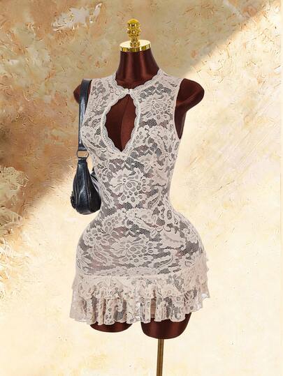 Lace Patchwork Water Drop Cutout Lace Trim Summer Boho Sheer Low Cut Mini Dress For Women