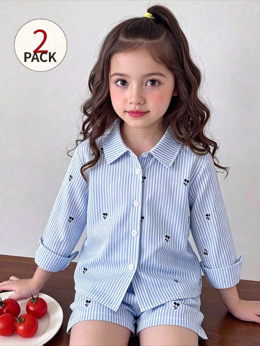 SHEIN Elladie kids 2件組少女拼接對比色不對稱領長袖條紋上衣，背後蝴蝶結裝飾，搭配拼接條紋長褲，休閒校園風，四季皆宜