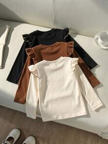 3 st/set baslager-toppar för flickor, höst/vinter, stickade med korta ärmar och dubbelsidig fleece, mångsidiga långärmade T-shirts med rund hals och broderat hjärta - Multifärgad - Visa 2