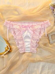 DelicateAllure White & Pink Satin Kawaii Cute Coquette Babydoll Lolita Ruffled Lace Bow Pure & Sweet Women's Triangle Panties - White - View 6