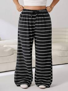 Solflare Plus Size Women's Spring Summer Autumn Casual Vacation Daily Commute Color Block Striped Print Drawstring Waist Loose Wide Leg Long Pants - Multicolor - View 3