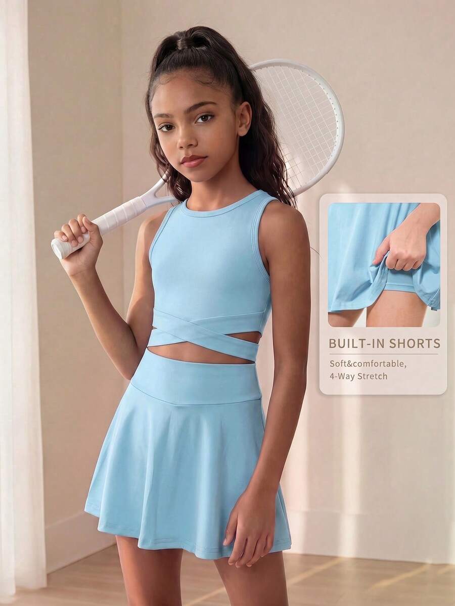 SHEIN Tween 女童无袖背心和褶皱网球裙两件套，纯蓝色，简约、休闲舒适，春夏季，运动、运动、优雅高腰设计，高腰，弹力面料