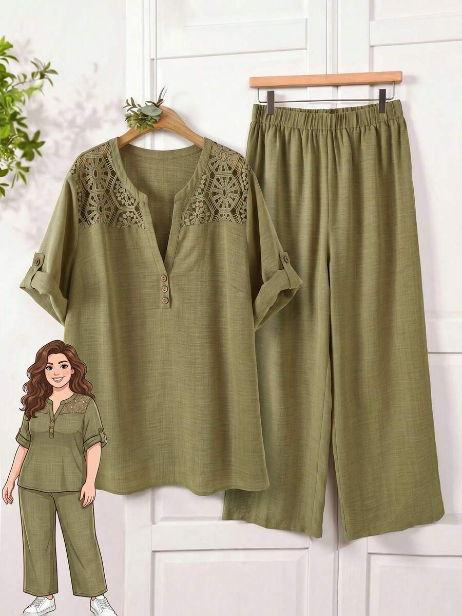 Rusticease Conjunto de 2 piezas con top de botones y patchwork de encaje y pantalones largos holgados de talla grande - Multicolor - Ver 1