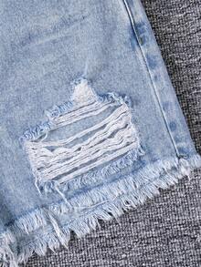 SHEIN Tween Girl Solid Color One Shoulder Tank Top & Distressed Denim Shorts Set - Multicolor - View 3