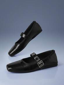 CUCCOO GRLICON Black Bright Leather Square Toe Mary Jane Shoes, Metal Buckle With Ballet Flat Shoes For Women - Black - View 3