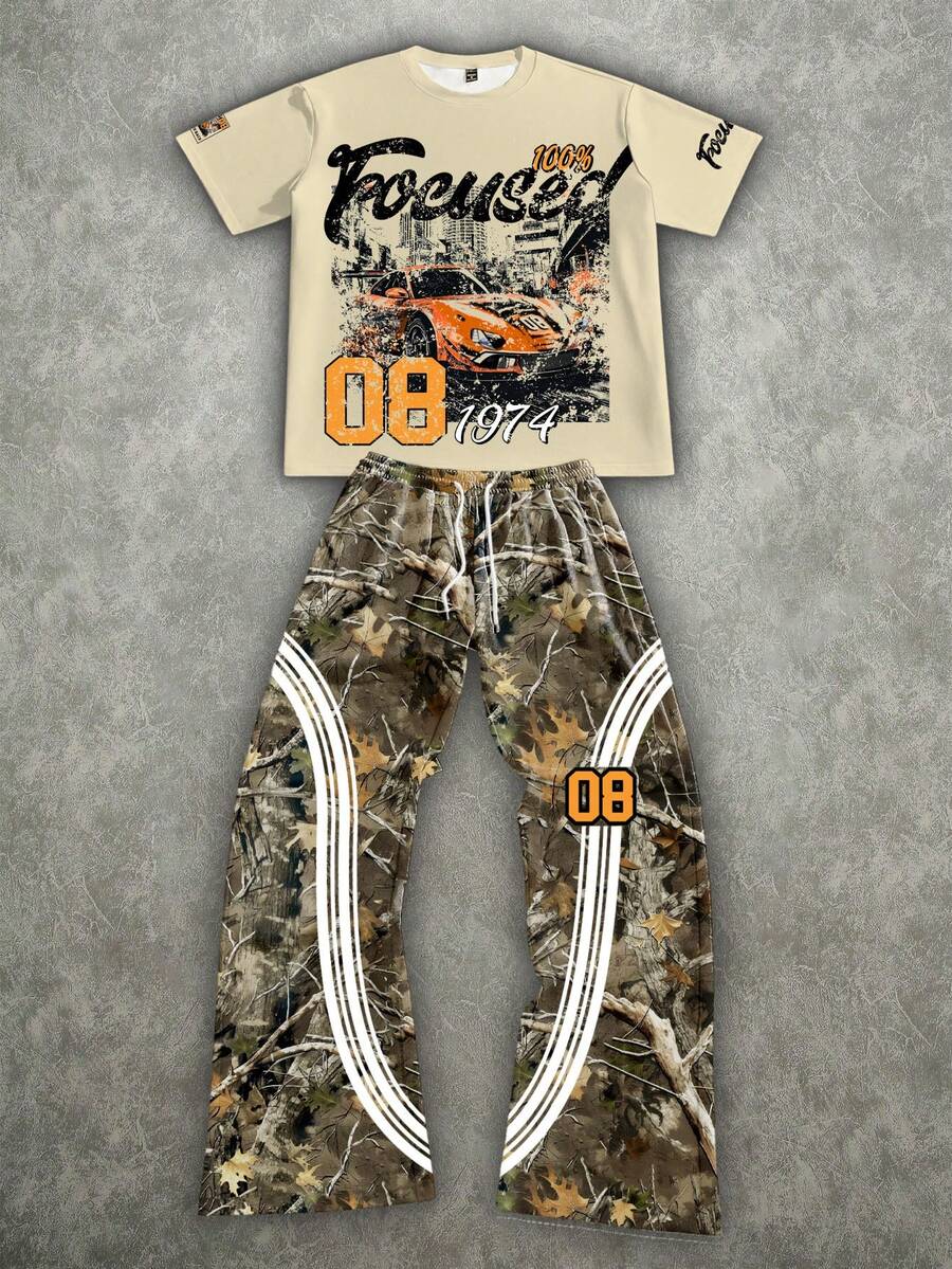 Manfinity ZONE917 Conjunto de camiseta de manga corta y pantalón de chándal con estampado camuflaje, rayas, desgastado y descolorido #28 FOEUSED Racing - Multicolor - Ver 1